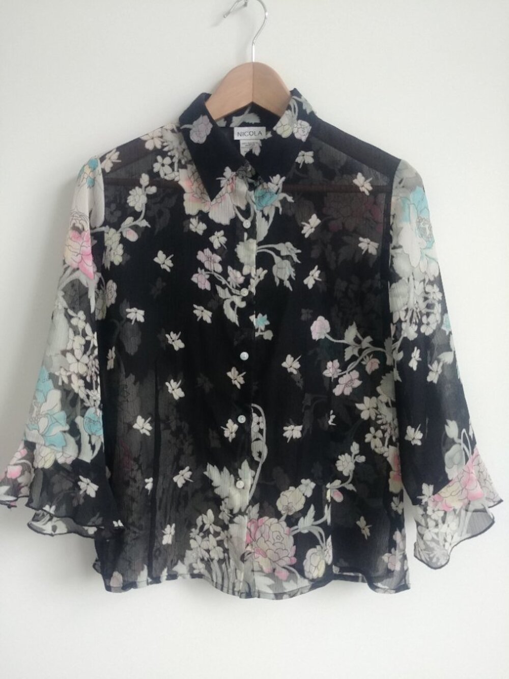Nicola Small sheer filmy black button down blouse top pink blue cream flowers